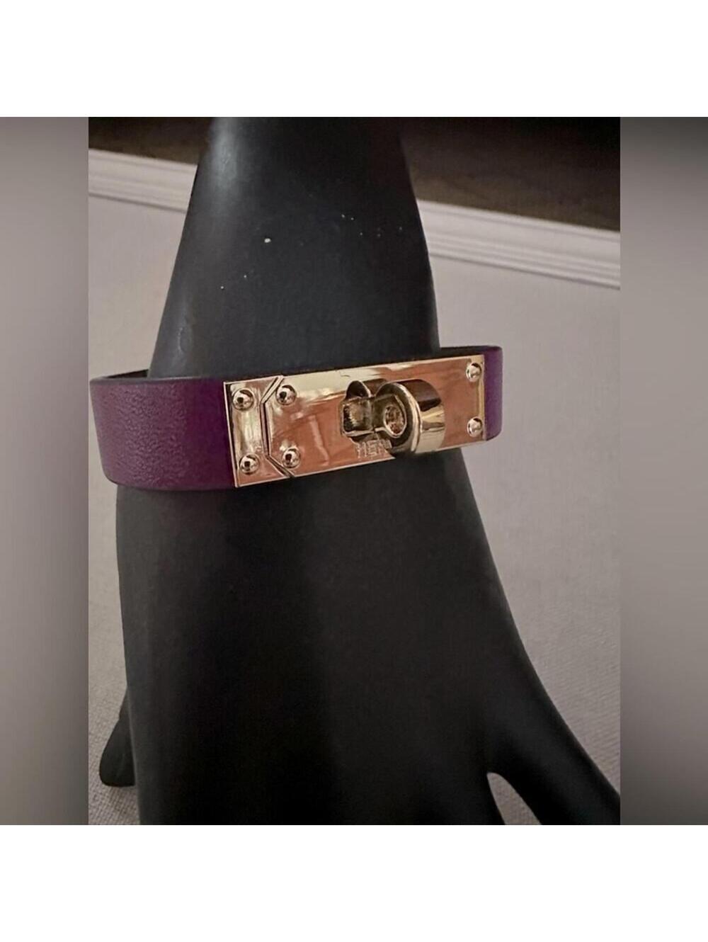 Purple leather bracelet band with gold tone hardware turnlock